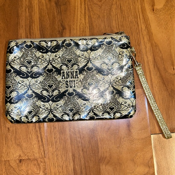 Anna Sui Black and Gold Glitter Double Wristlet Pouch